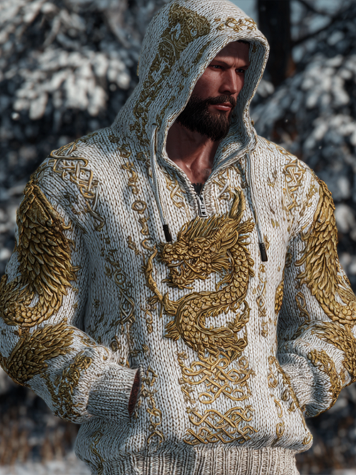 Vintage Dragon Pattern Design Viking Style Men's Knitted Hooded Sweater