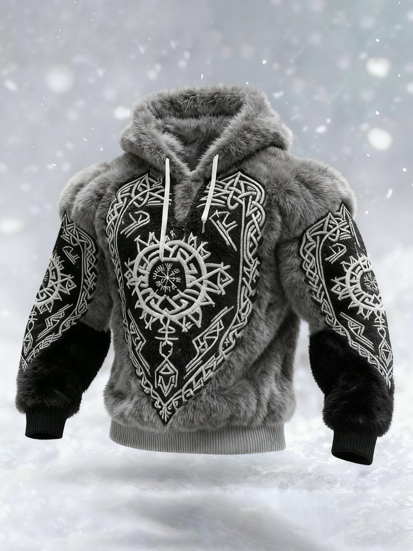 Men's Viking Tribal Jacquard Celtic Inspired Art Plush Warm Hoodie