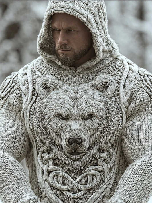 Men's Viking Inspired Celtic Bear Vintage Chunky Hooded Sweater