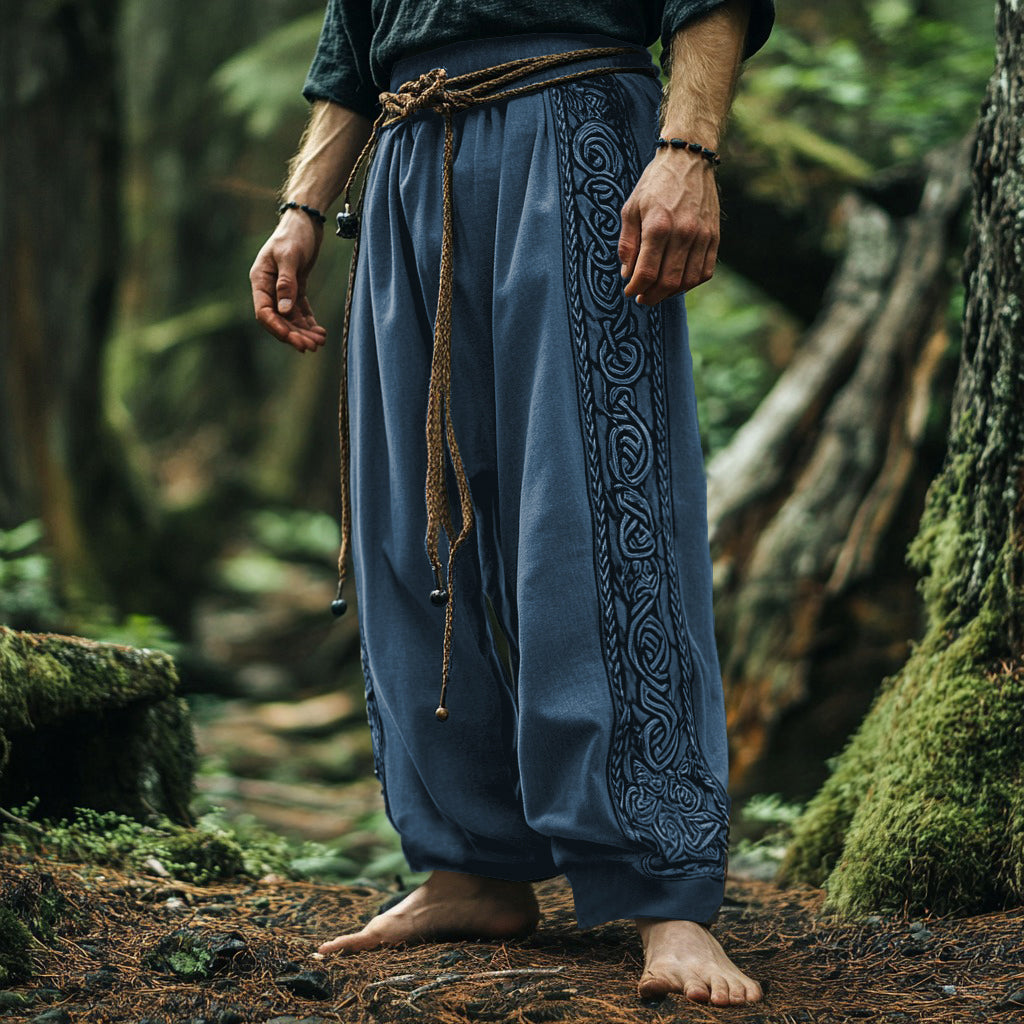 Vintage Tribal Viking Celtic Embroidery Art Linen Long Loose Wide-leg Pants