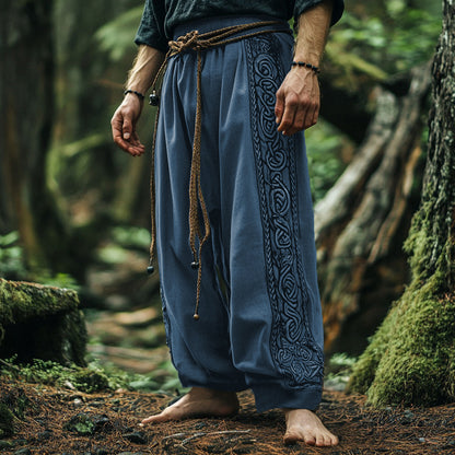 Vintage Tribal Viking Celtic Embroidery Art Linen Long Loose Wide-leg Pants