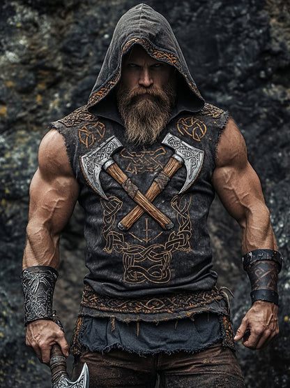 Men's Viking Weapons Axe Celtic Hooded Linen Vest