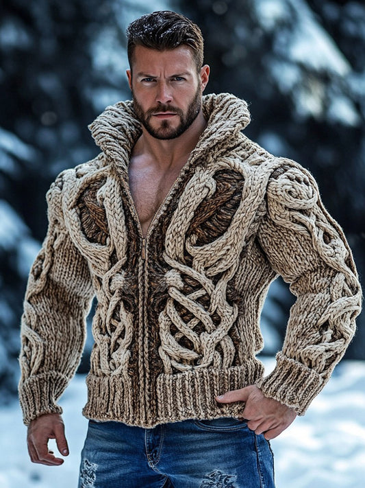 Retro Viking Dragon Bone Inspired Jacquard Chunky Knit Zipper-up Cardigan