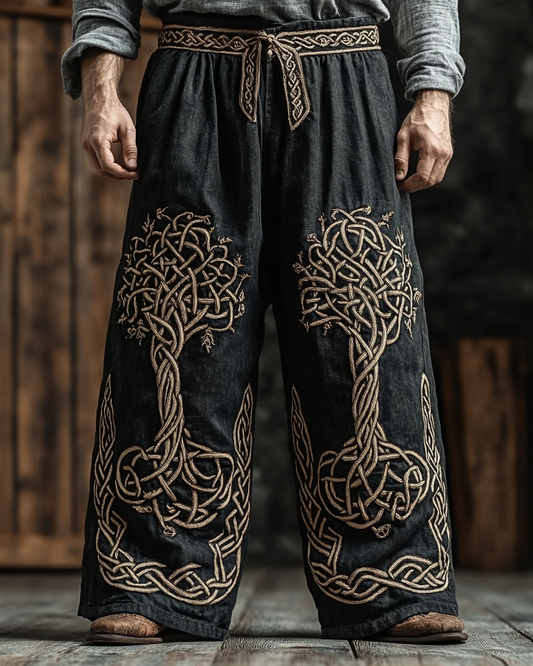 Men's Viking Celtic Tree Of Life Art Linen Blend Wide Leg Pants