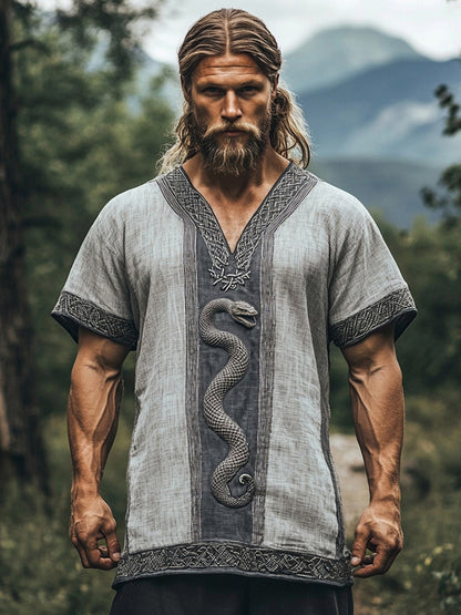 Men's Viking Celtic Knot Snake Totem Linen T-shirt