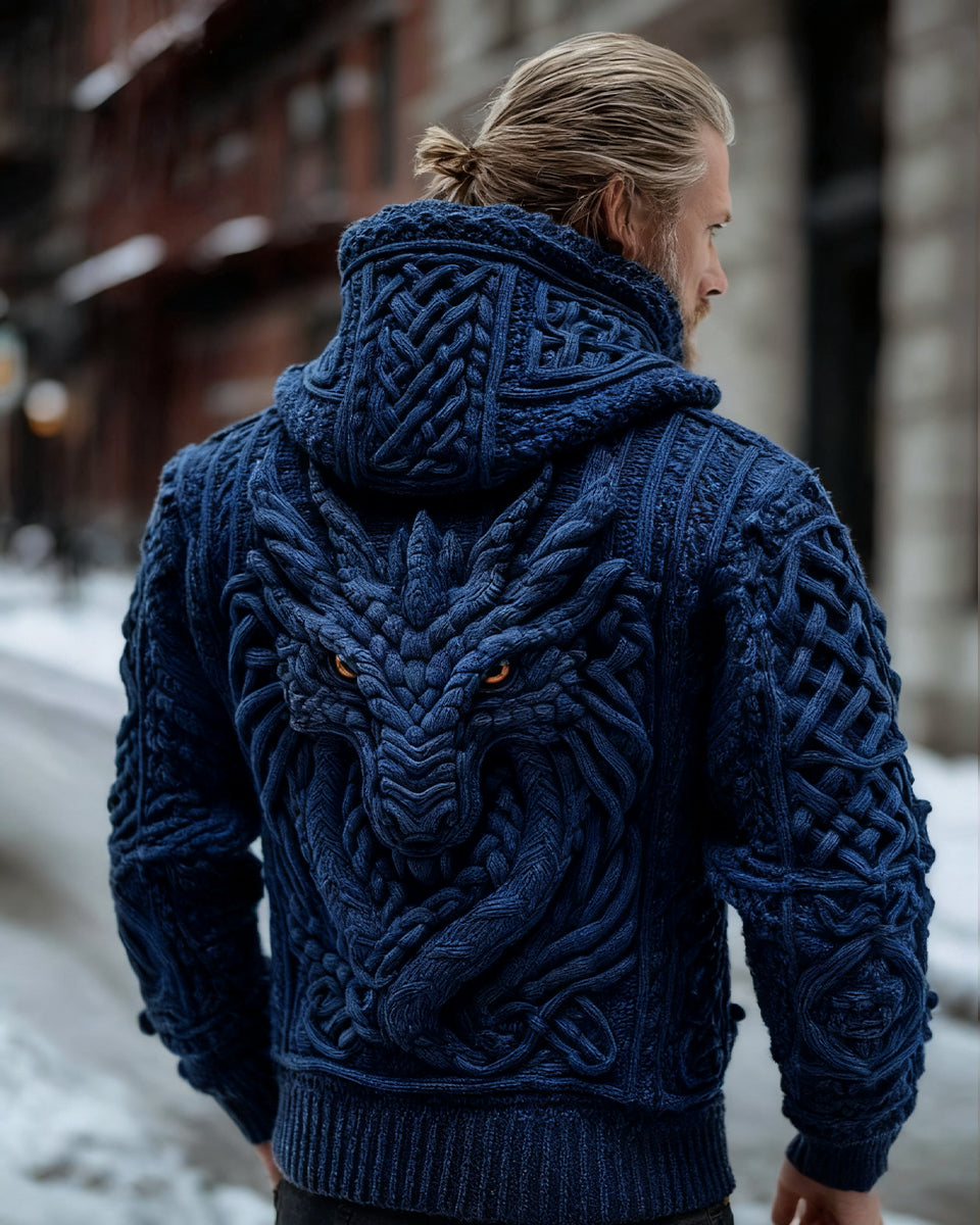 Men's Vintage Viking Dragon Style Celtic Knot Art Chunky Knit Hooded Zip-up Sweater