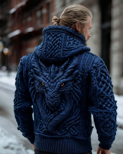 Men's Vintage Viking Dragon Style Celtic Knot Art Chunky Knit Hooded Zip-up Sweater