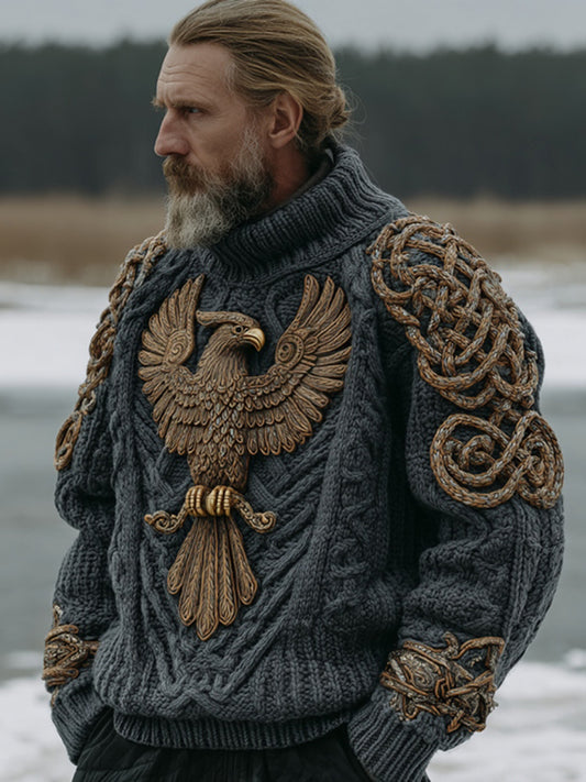Men's Vintage Viking Celtic Knot Eagle Art Knit Turtleneck Sweater