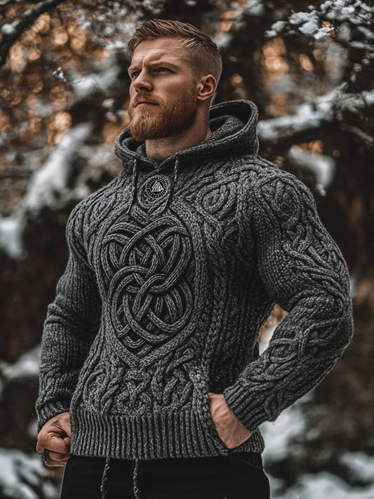 Men's Viking Style Celtic Knot Jacquard Knit Hooded Sweater