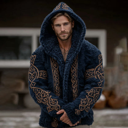 Men's Viking Tribal Jacquard Celtic Knot Plush Warm Zipped Hooded Jacket