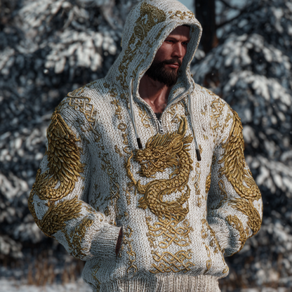 Vintage Dragon Pattern Design Viking Style Men's Knitted Hooded Sweater