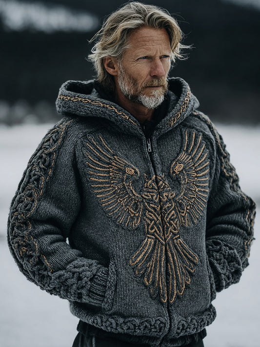 Men's Viking Celtic Eagle Knit Zip Up Hooded Sweater