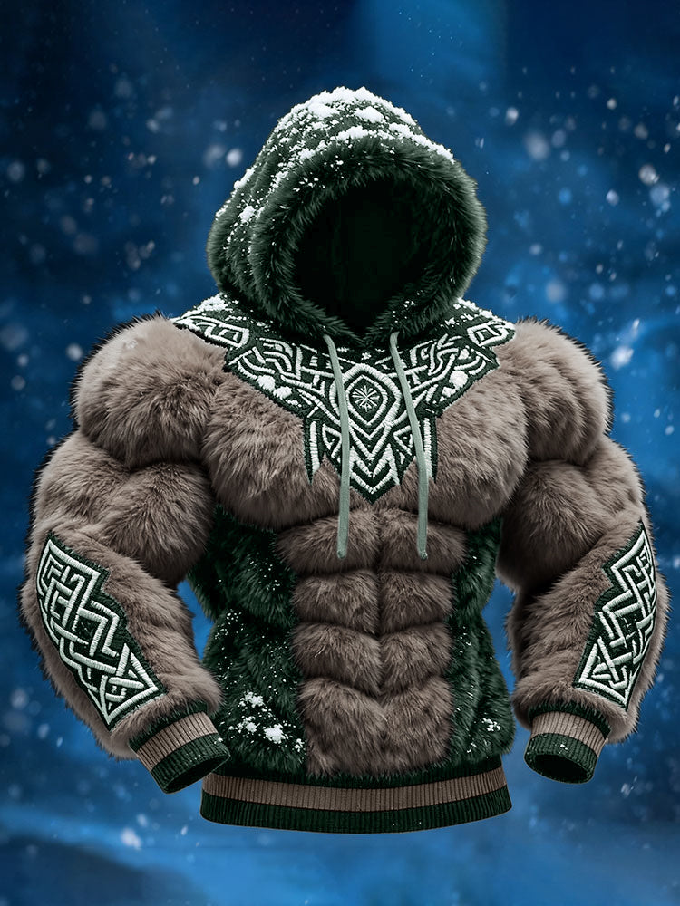 Men's Viking Tribal Jacquard Celtic Inspired Muscle Line Art Plush Warm Hoodie