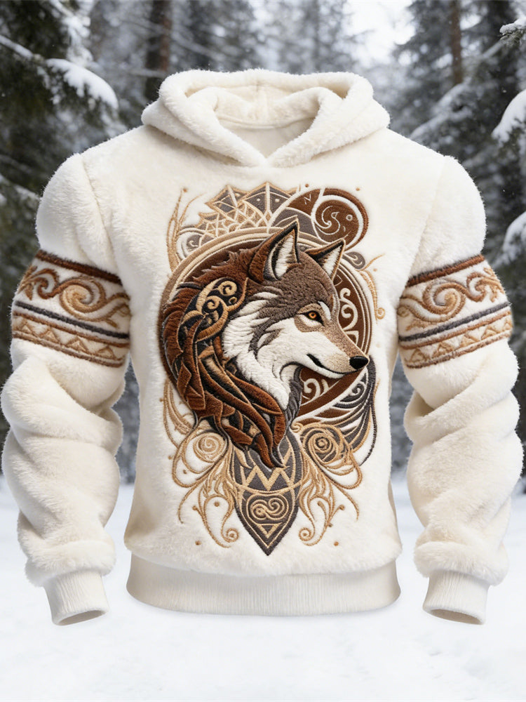 Vintage Viking Giant Wolf Totem Men's Flannel Hooded Sweatshirt