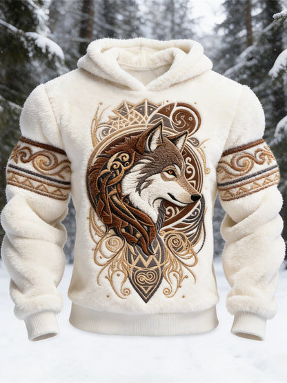 Vintage Viking Giant Wolf Totem Men's Flannel Hooded Sweatshirt