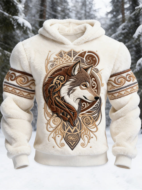 Vintage Viking Giant Wolf Totem Men's Flannel Hooded Sweatshirt