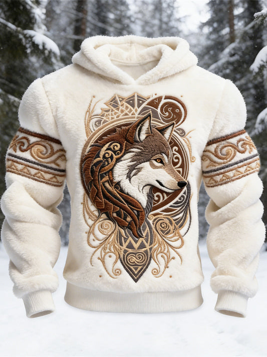 Vintage Viking Giant Wolf Totem Men's Flannel Hooded Sweatshirt