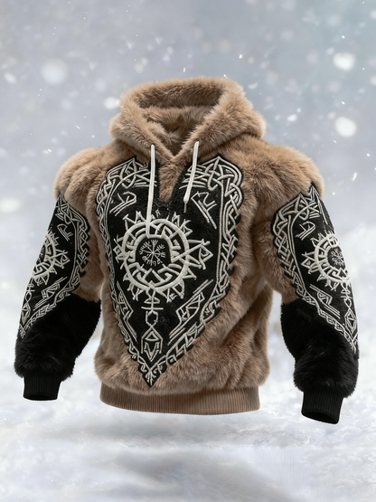 Men's Viking Tribal Jacquard Celtic Inspired Art Plush Warm Hoodie