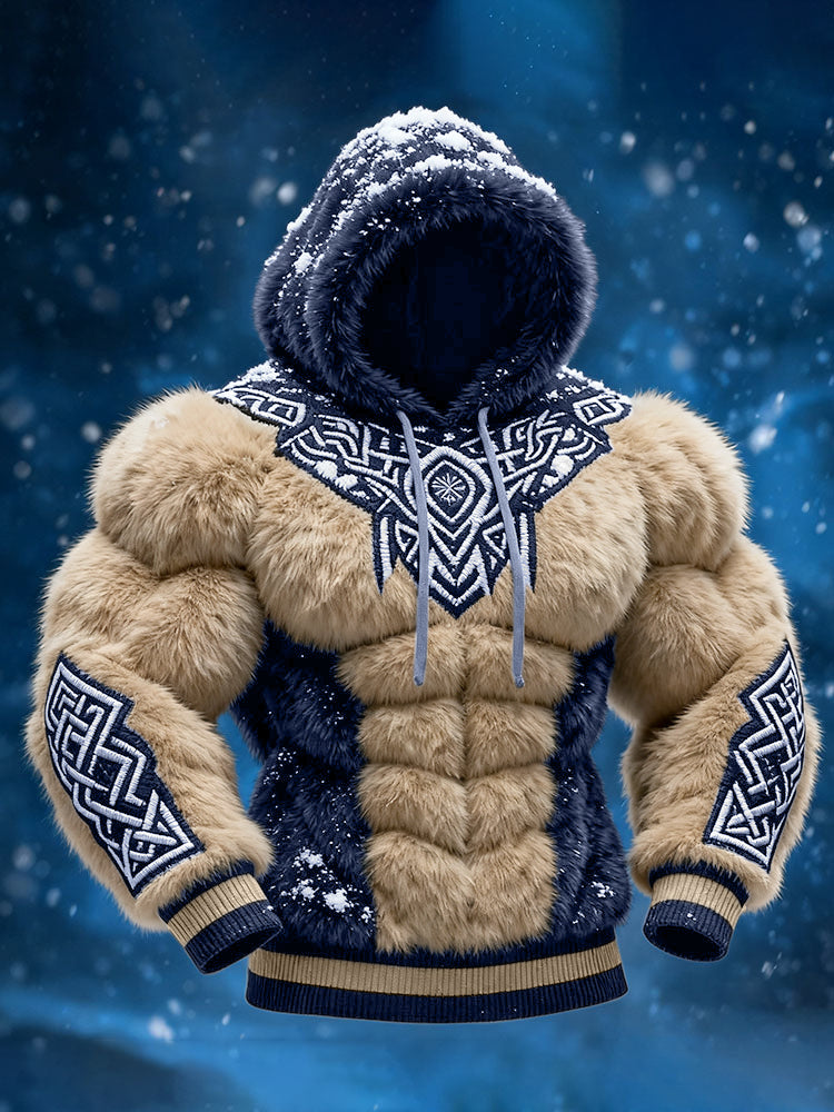 Men's Viking Tribal Jacquard Celtic Inspired Muscle Line Art Plush Warm Hoodie