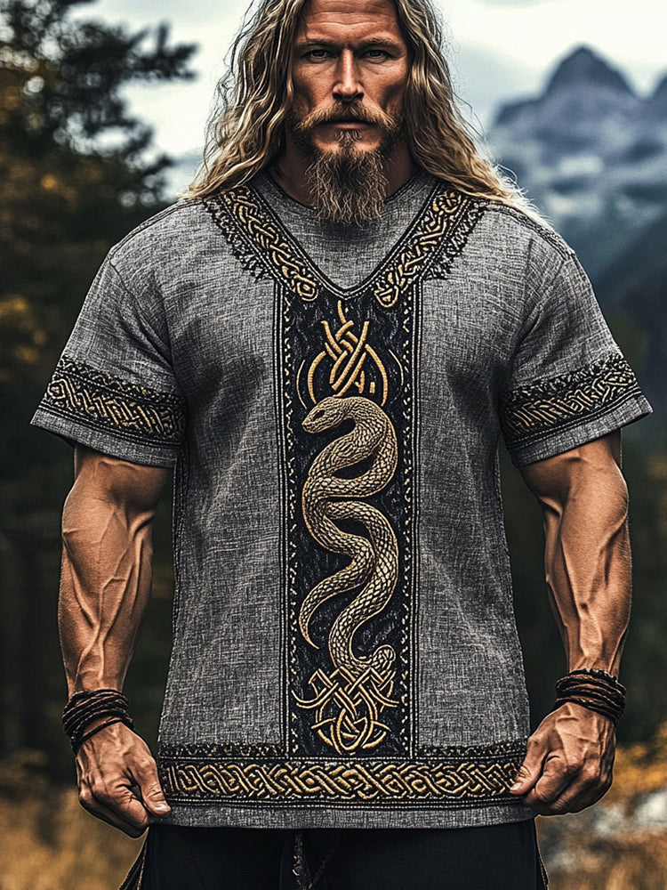 Men's Viking Celtic Knot Snake Totem Linen T-shirt