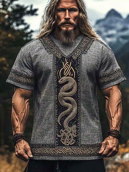 Men's Viking Celtic Knot Snake Totem Linen T-shirt