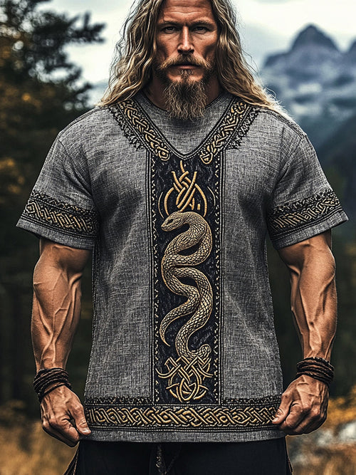 Men's Viking Celtic Knot Snake Totem Linen T-shirt