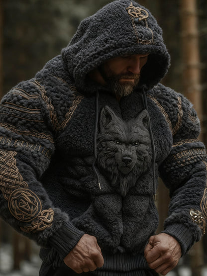 Viking Wolf Celtic Art Warm Men's Flannel Hoodie