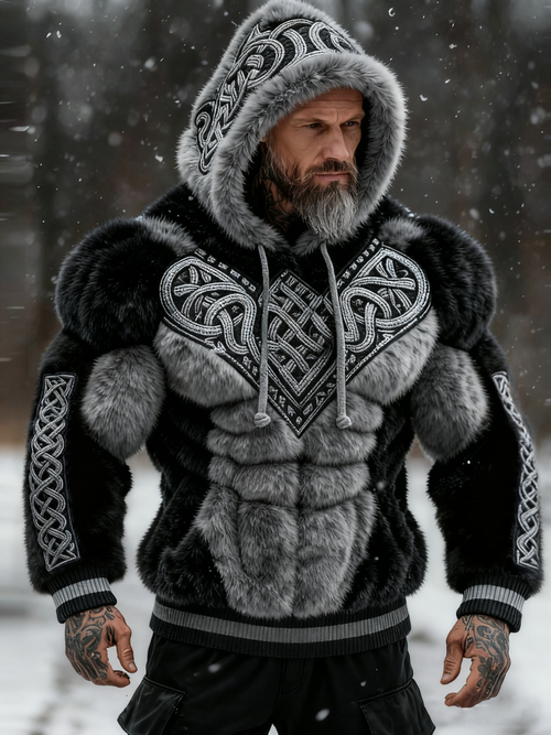 Men's Vintage Viking Tribal Jacquard Celtic Muscle Line Inspired Art Plush Warm Hoodie