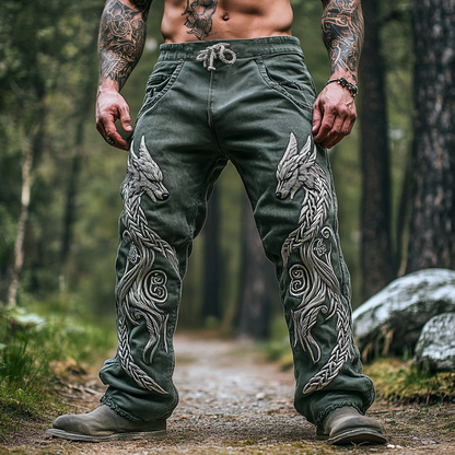 Mens Vintage Viking Wolf Celtic Knot Art Linen Lounge Pants