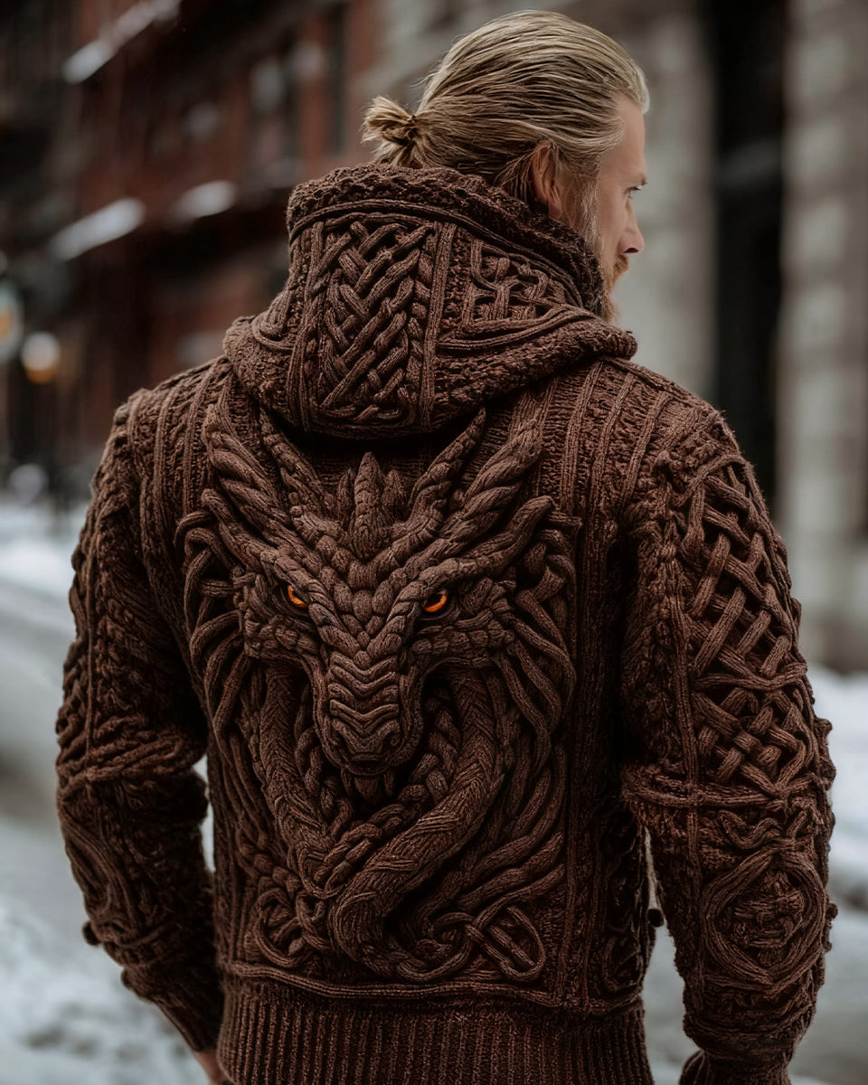 Men's Vintage Viking Dragon Style Celtic Knot Art Chunky Knit Hooded Zip-up Sweater
