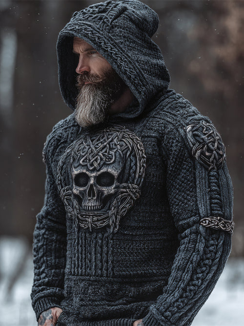 Viking Skull Men's Chunky Knit Hooded Sweater