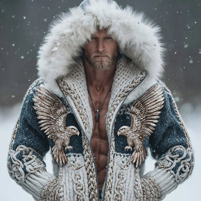 Men's Vintage Eagle Celtic Knot Fur Trim Cozy Hooded Sweater