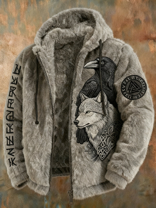 Men's Viking Tribal Jacquard Celtic With Crows & Wolves Inspired Plush Warm Zipped Hooded Jacket