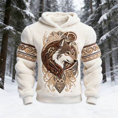 Vintage Viking Giant Wolf Totem Men's Flannel Hooded Sweatshirt