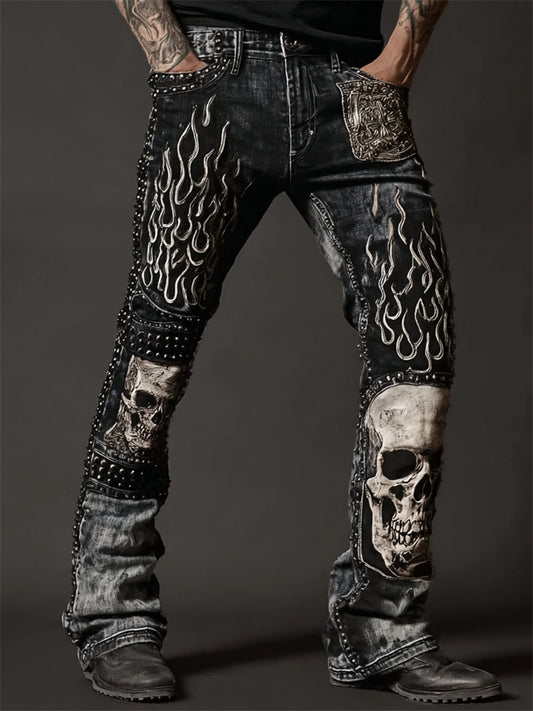 Men's Skulls On Flame Rock Style Studded Washed Jeans