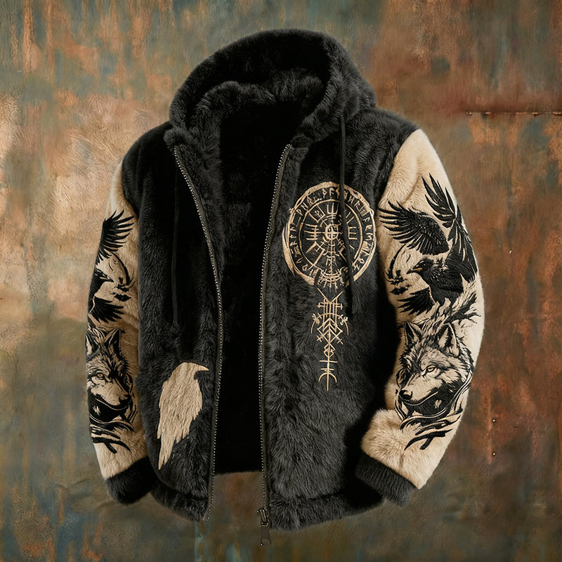 Men's Viking Tribal Jacquard Crow Inspired Plush Warm Zipped Hooded Jacket