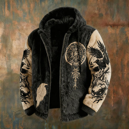 Men's Viking Tribal Jacquard Crow Inspired Plush Warm Zipped Hooded Jacket