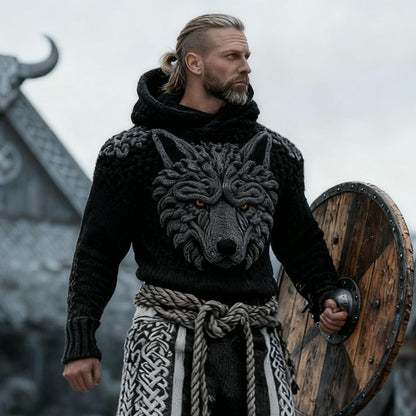 Men's Viking Wolf Totem Knitted Hooded Sweater