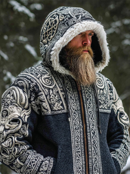 Viking Retro Totem Design Men's Hooded Zip-up Icelandic Sweater