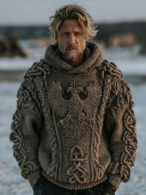 Men's Vintage Viking Eagle Art Cozy Knit Hooded Sweater