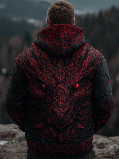 Men's Viking Red Dragon Style Celtic Thick Zip-up Hooded Sweater