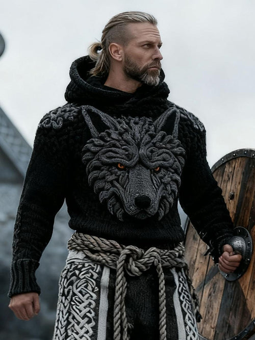 Men's Viking Wolf Totem Knitted Hooded Sweater