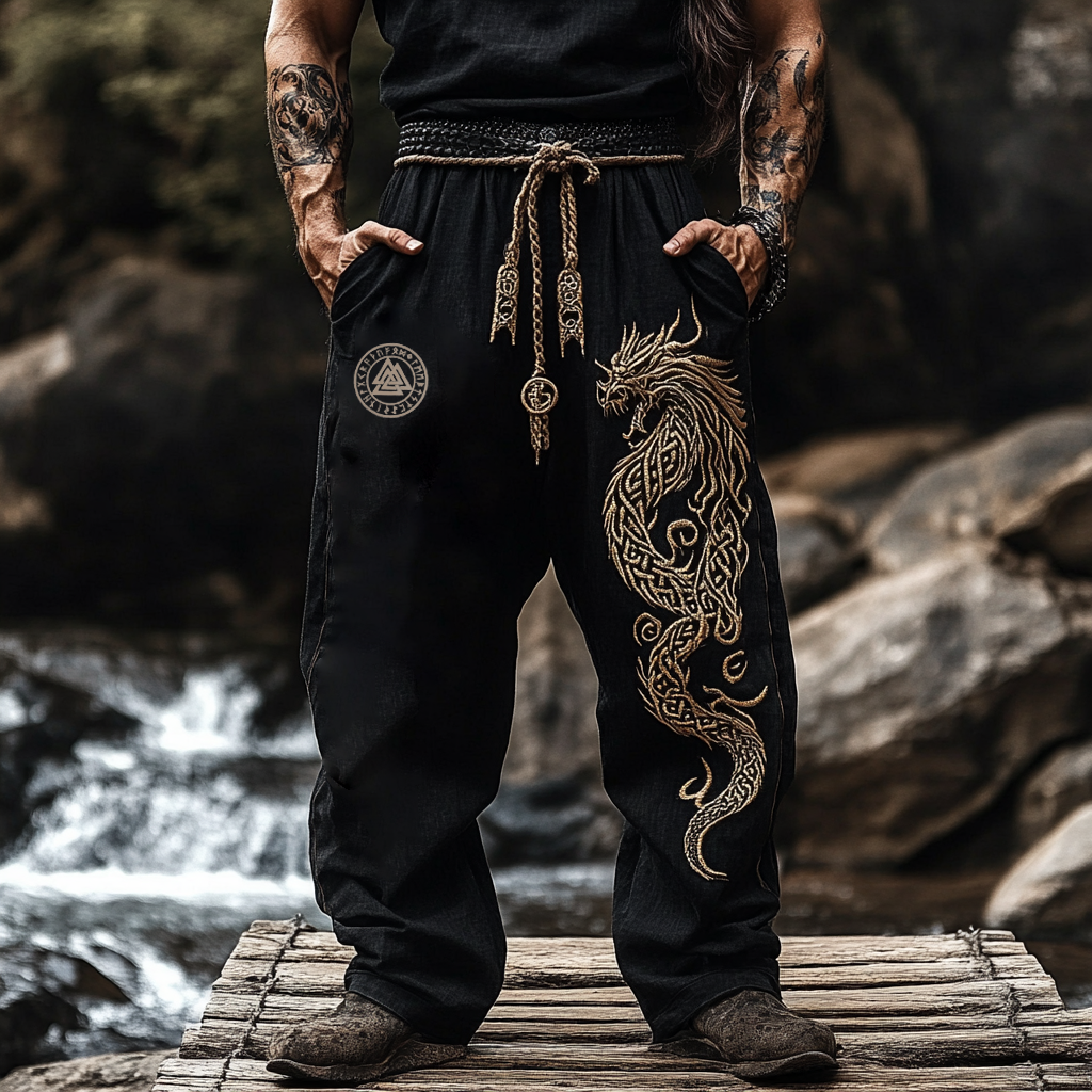 Men's Vintage Viking Dragon Art Linen Pants