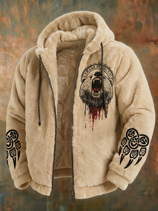 Men's Viking Tribal Jacquard Celtic With Bear Inspired Plush Warm Zipped Hooded Jacket