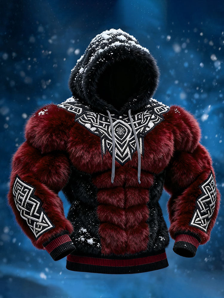 Men's Viking Tribal Jacquard Celtic Inspired Muscle Line Art Plush Warm Hoodie