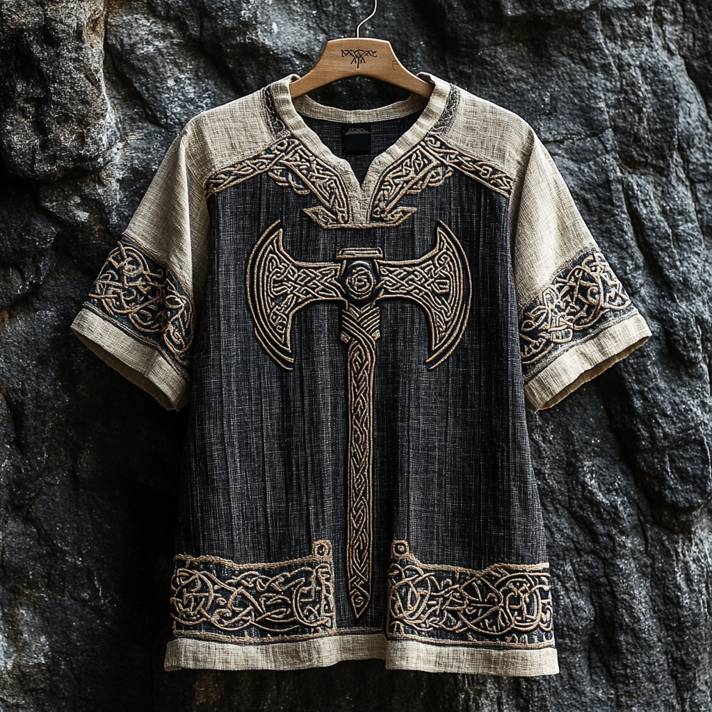 Men's Viking Runes Axe Celtic Patchwork Art Linen Shirt