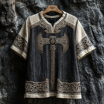 Men's Viking Runes Axe Celtic Patchwork Art Linen Shirt