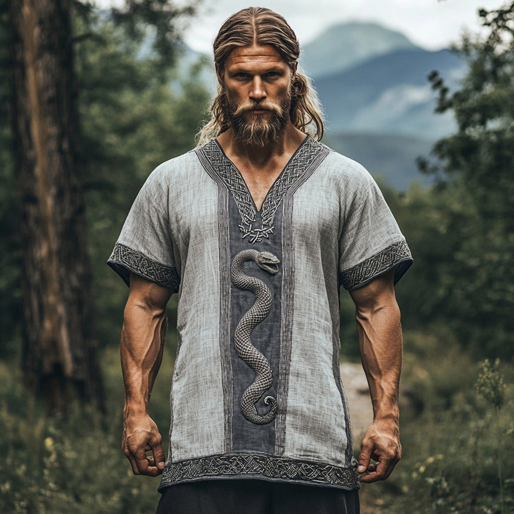 Men's Viking Celtic Knot Snake Totem Linen T-shirt
