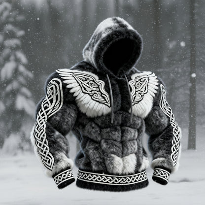 Men's Viking Tribal Jacquard Celtic With Wings Inspired Art Plush Warm Hoodie