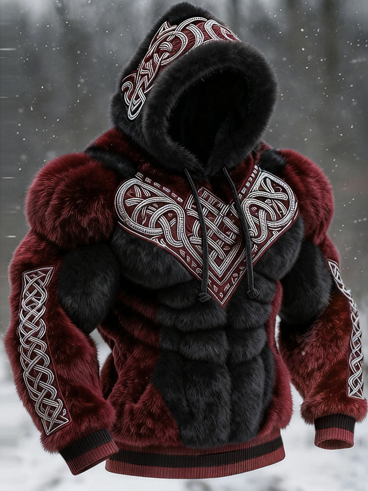 Men's Vintage Viking Tribal Jacquard Celtic Muscle Line Inspired Art Plush Warm Hoodie